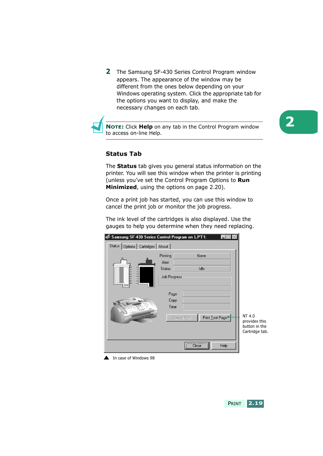 Samsung SF-430 manual Status Tab 