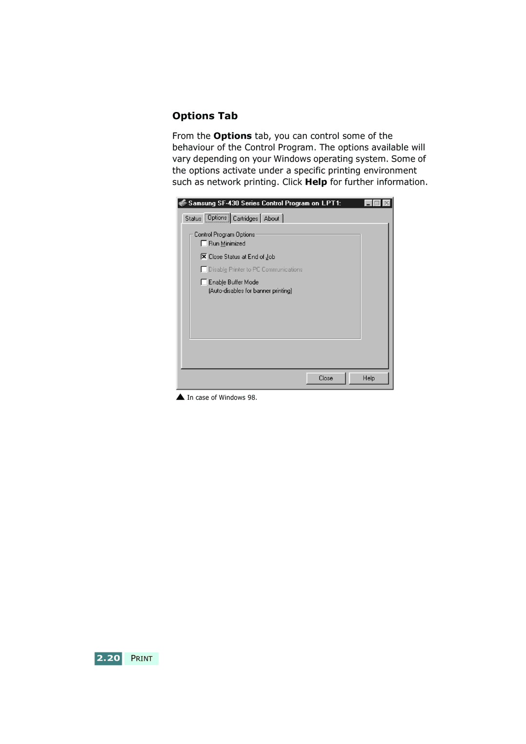 Samsung SF-430 manual Options Tab 