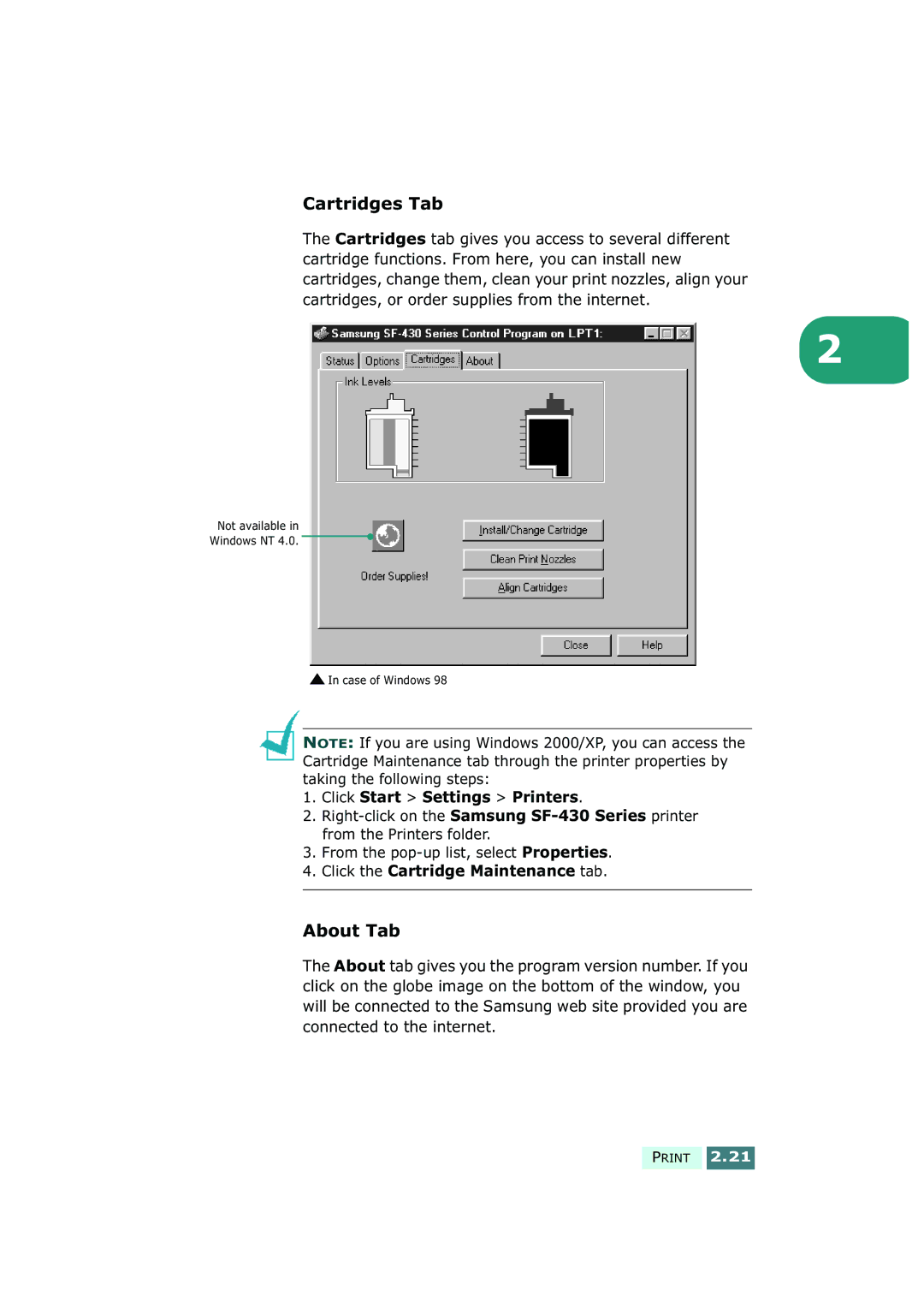 Samsung SF-430 Cartridges Tab, About Tab, From the pop-up list, select Properties, Click the Cartridge Maintenance tab 