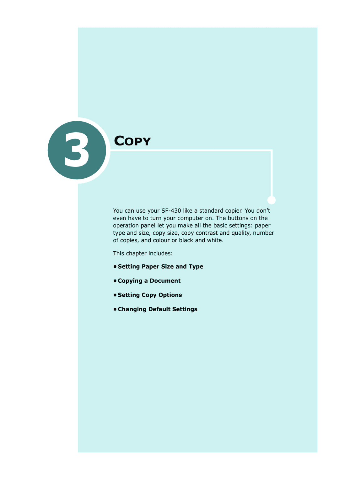 Samsung SF-430 manual Copy, This chapter includes 