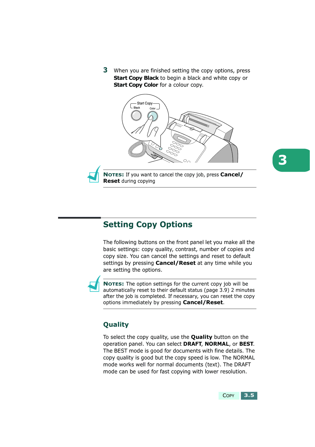 Samsung SF-430 manual Setting Copy Options, Quality 