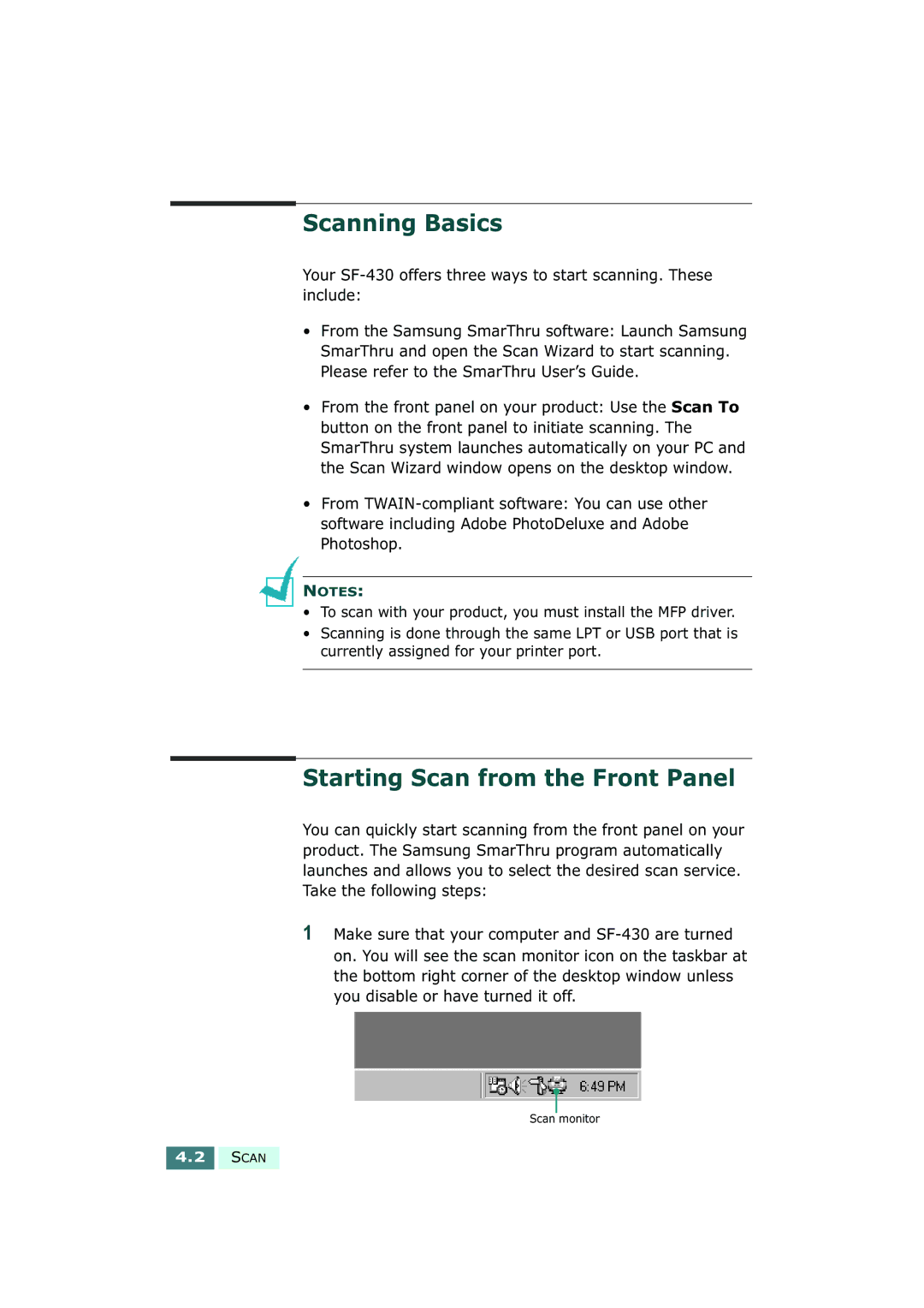 Samsung SF-430 manual Scanning Basics, Starting Scan from the Front Panel 