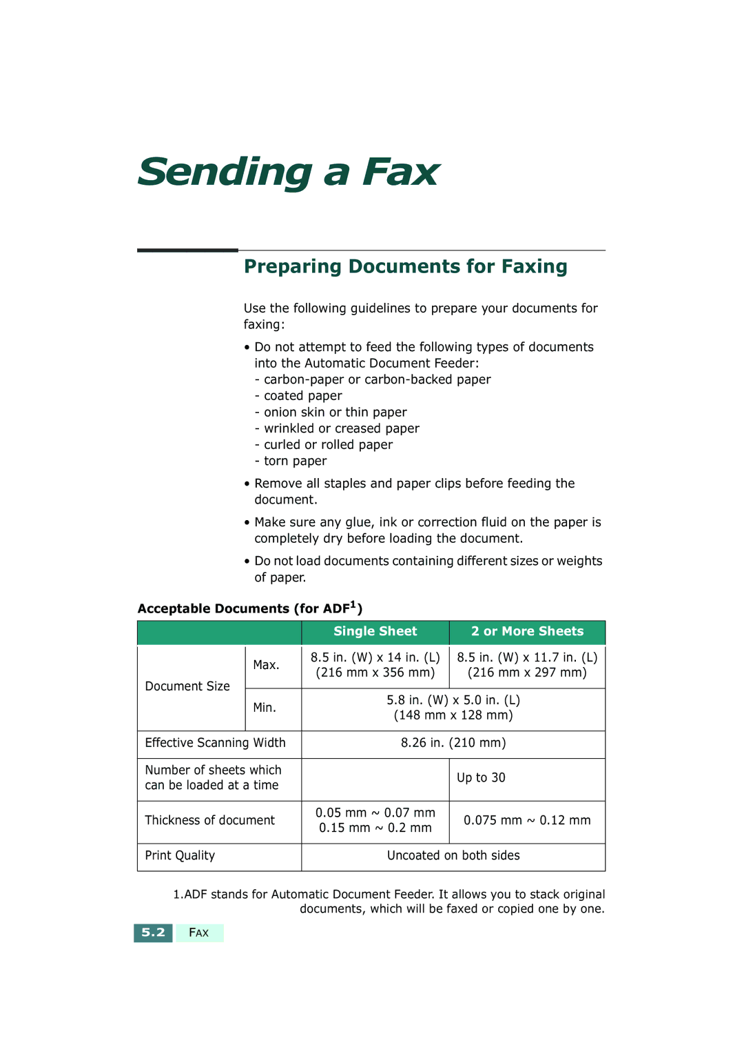 Samsung SF-430 manual Preparing Documents for Faxing, Acceptable Documents for ADF1, Max, Document Size Min, Print Quality 