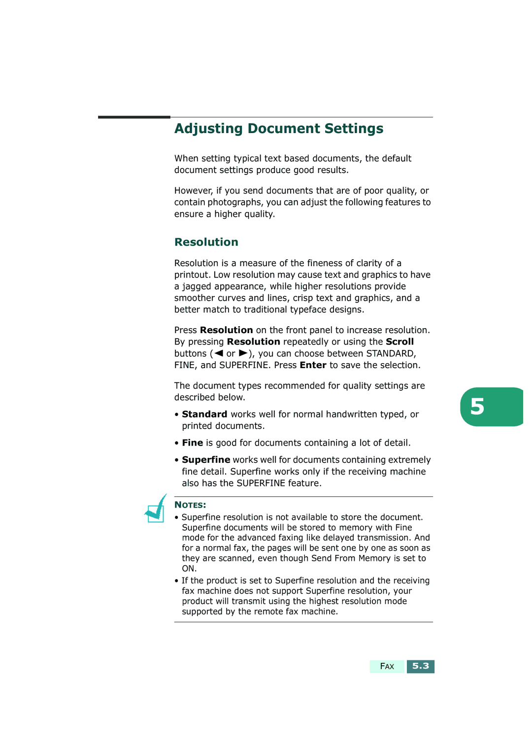Samsung SF-430 manual Adjusting Document Settings, Resolution 