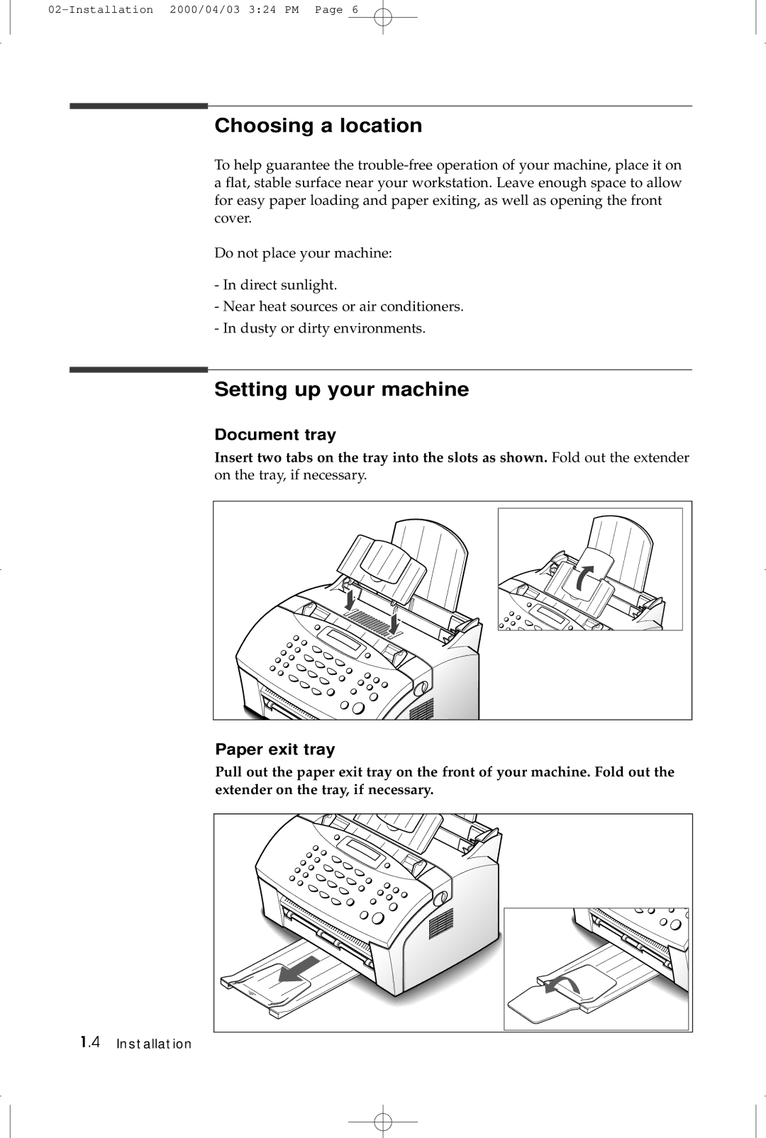 Samsung SF-5100 manual Choosing a location, Setting up your machine, Document tray, Paper exit tray 