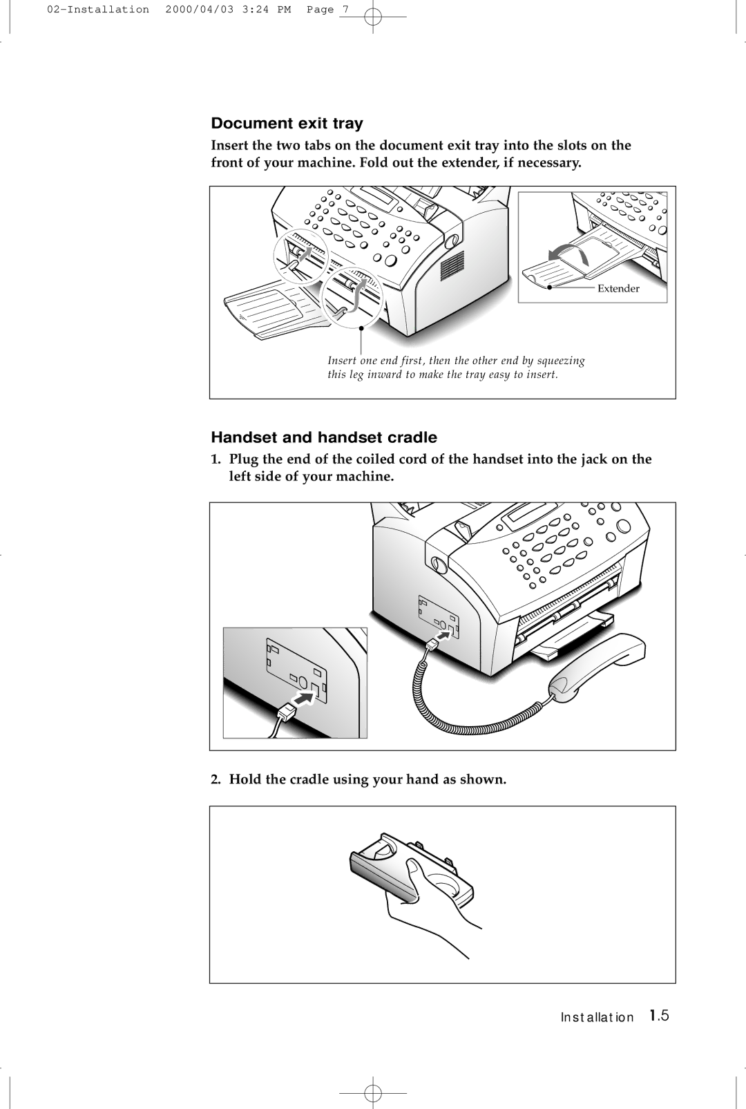 Samsung SF-5100 manual Document exit tray, Handset and handset cradle 