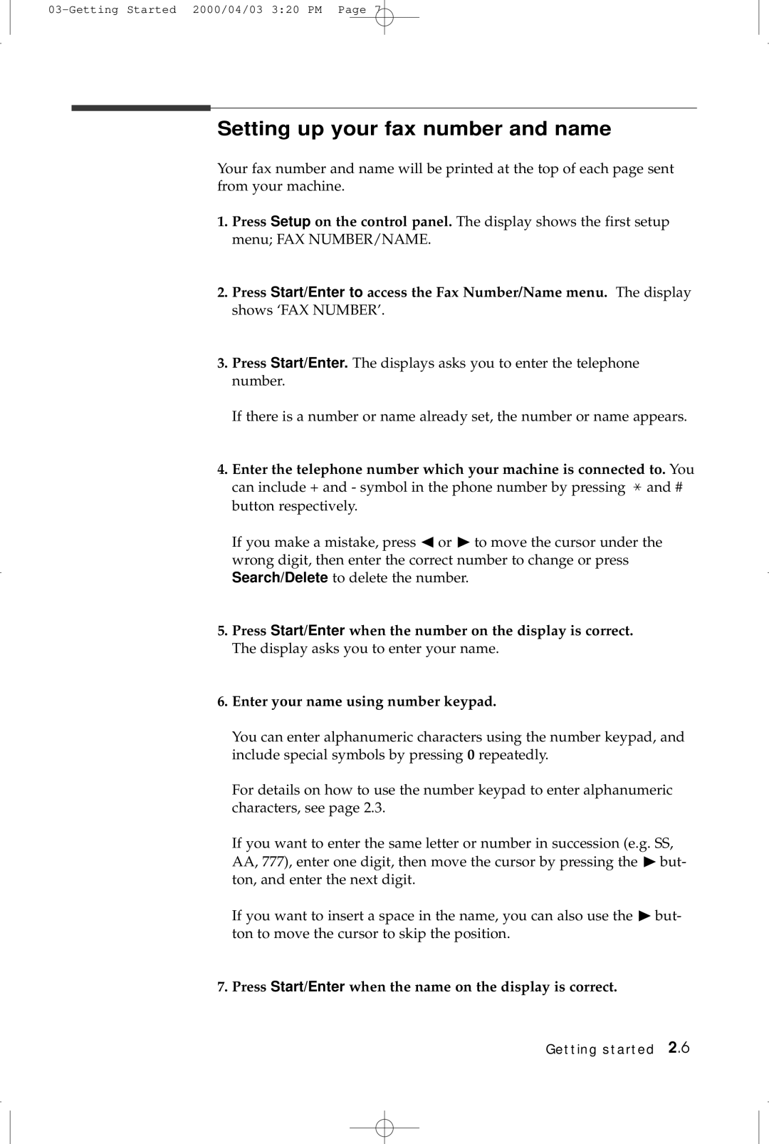 Samsung SF-5100 manual Setting up your fax number and name, Press Start/Enter when the name on the display is correct 