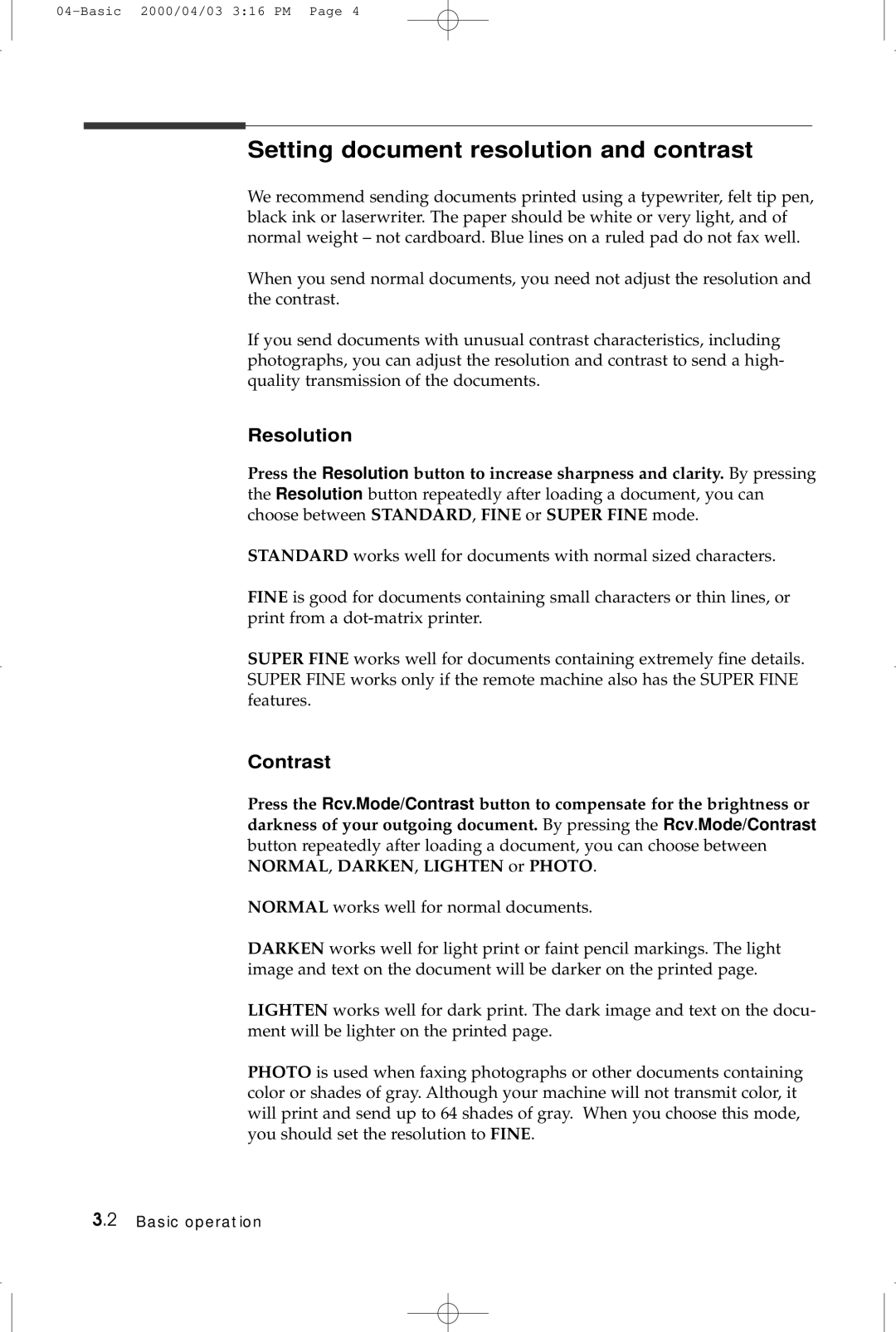 Samsung SF-5100 manual Setting document resolution and contrast, Resolution, Contrast 