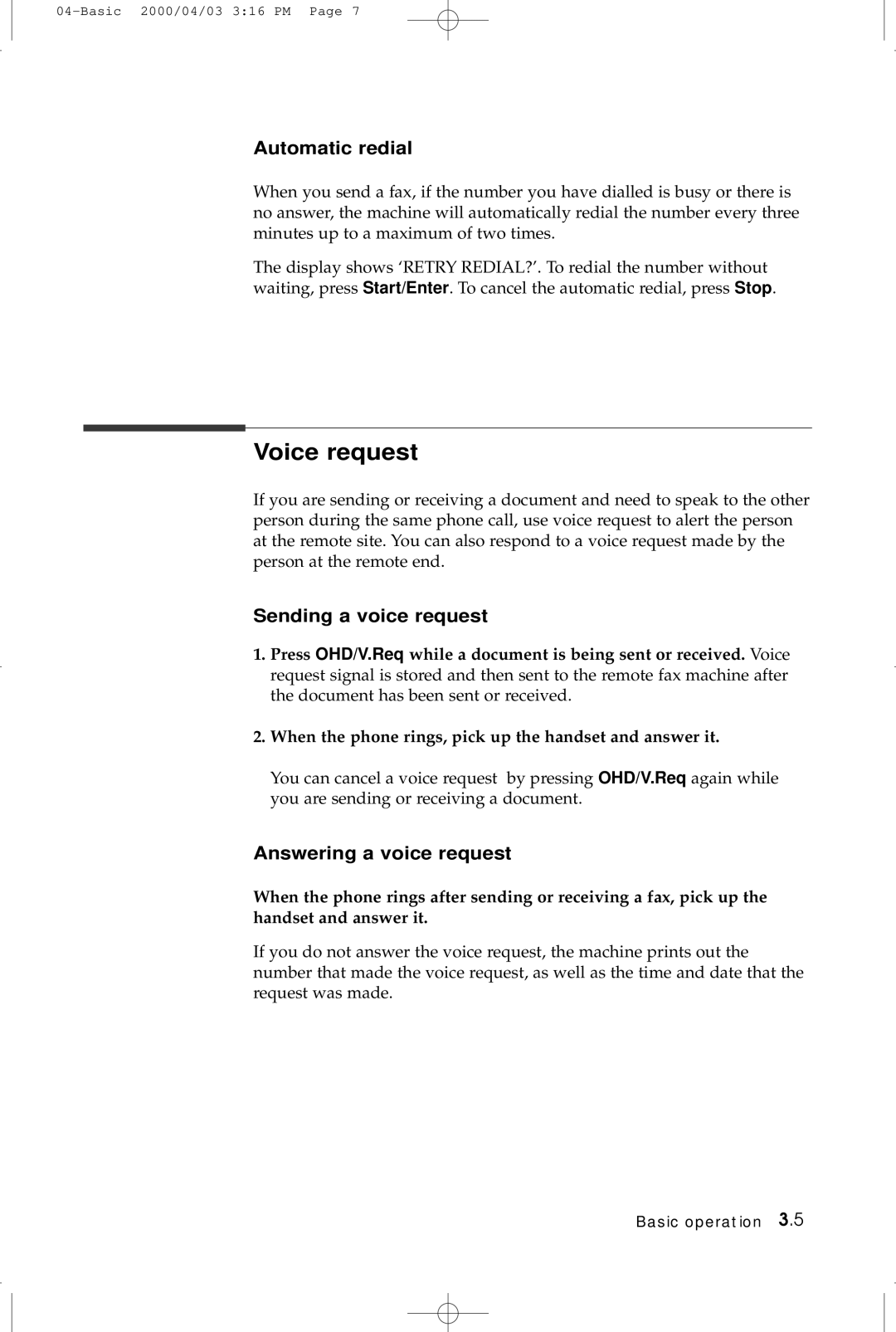 Samsung SF-5100 manual Voice request, Automatic redial, Sending a voice request, Answering a voice request 