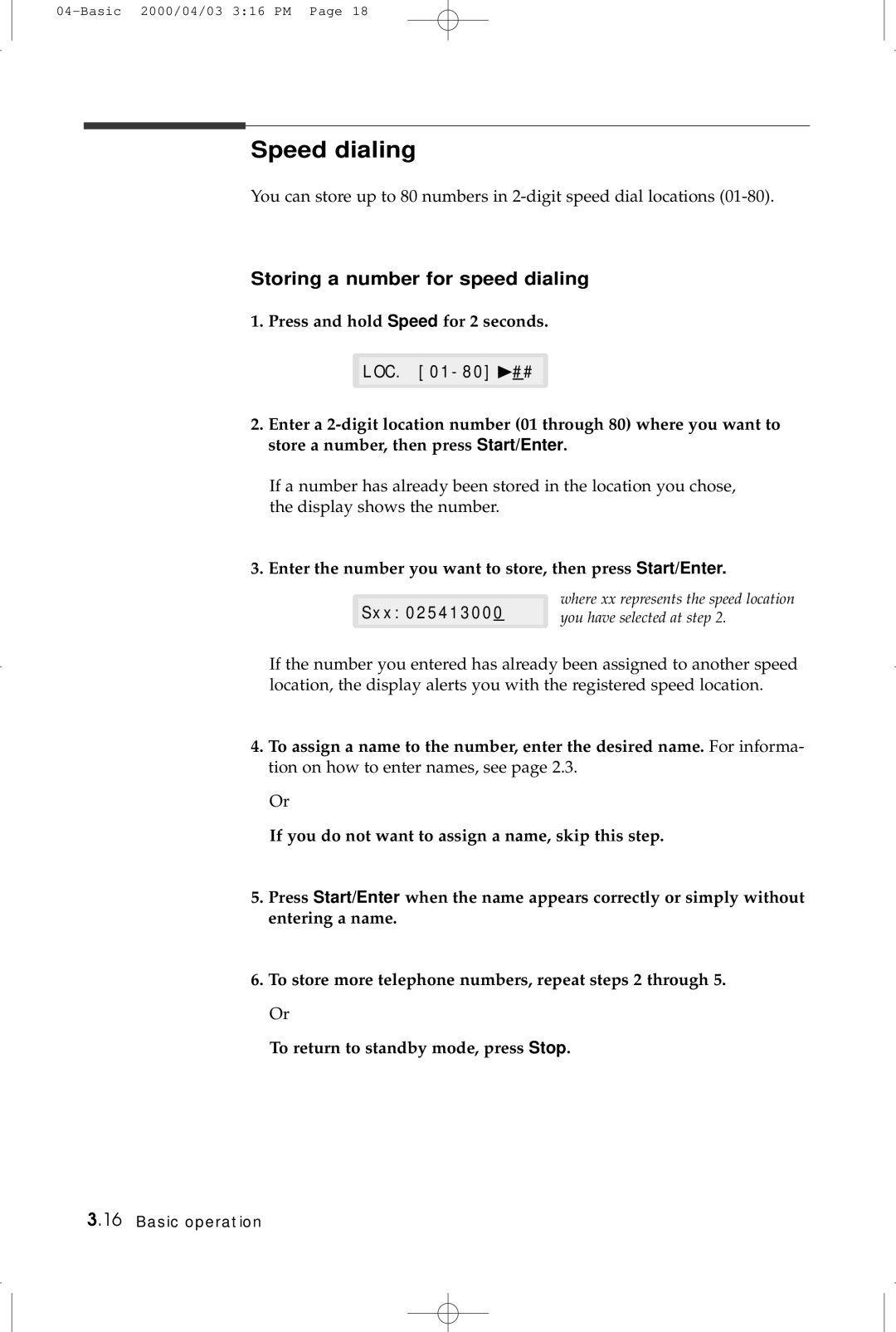 Samsung SF-5100 manual Speed dialing, Storing a number for speed dialing, Press and hold Speed for 2 seconds 