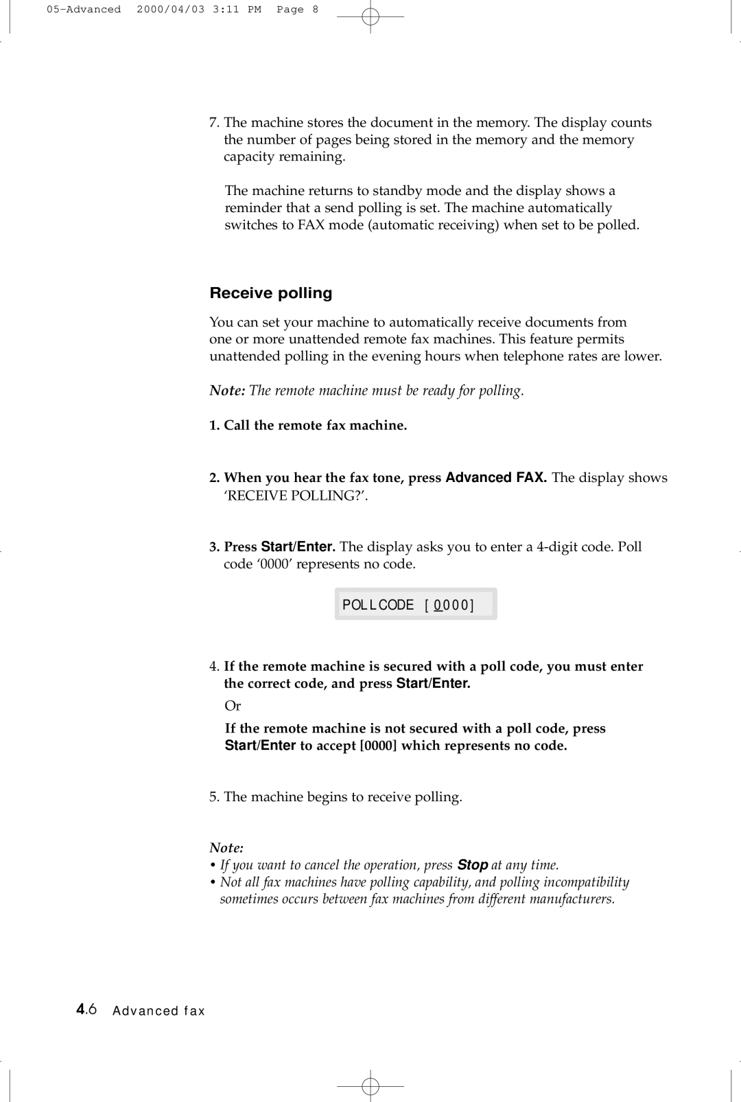Samsung SF-5100 manual Receive polling, If you want to cancel the operation, press Stop at any time 