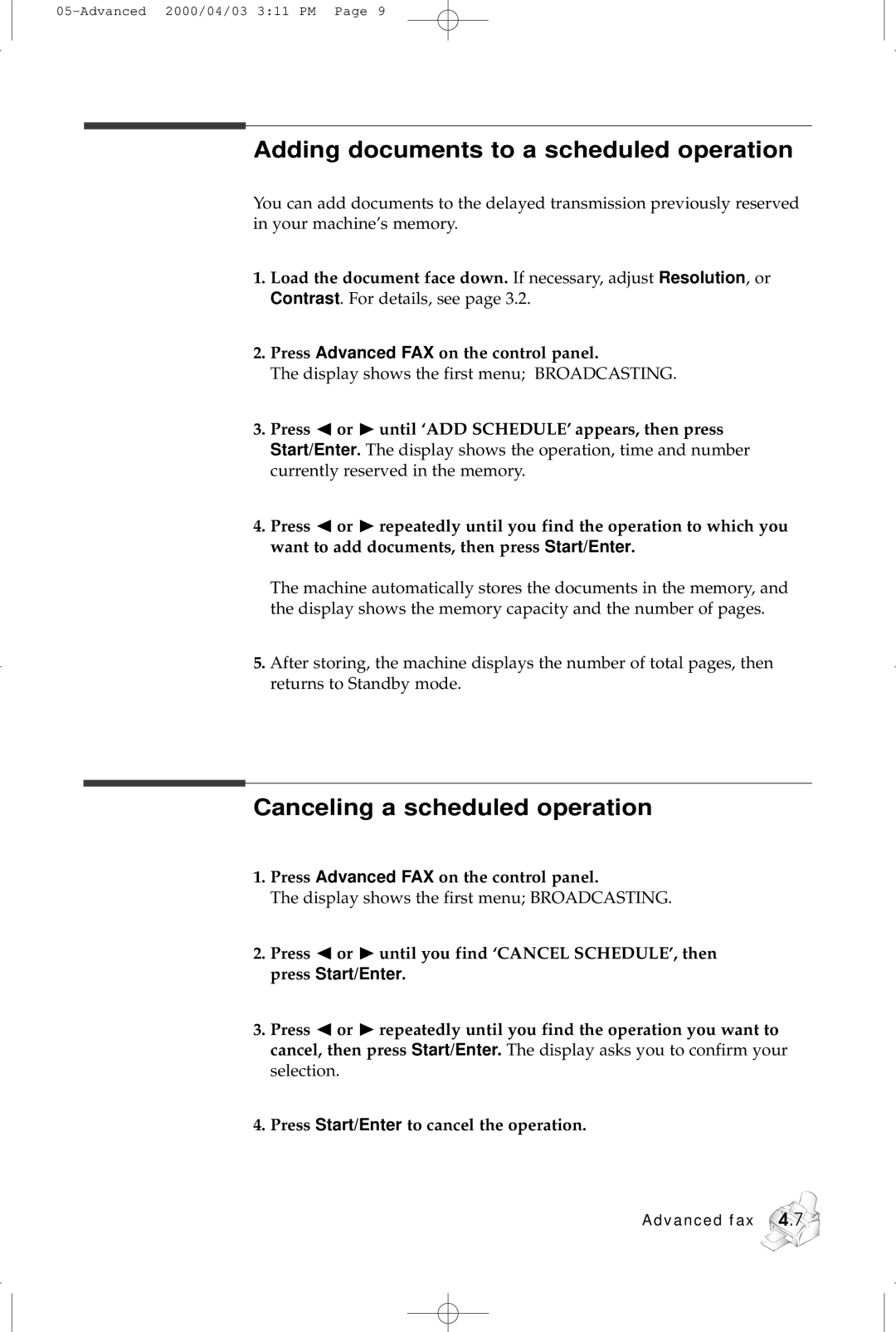 Samsung SF-5100 manual Adding documents to a scheduled operation, Canceling a scheduled operation 