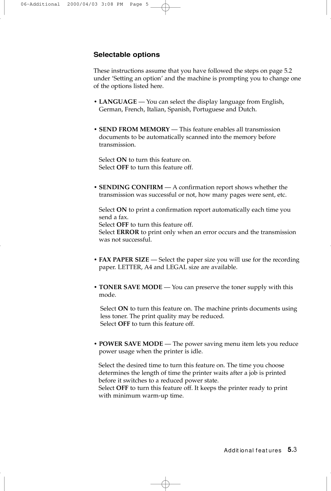 Samsung SF-5100 manual Selectable options 