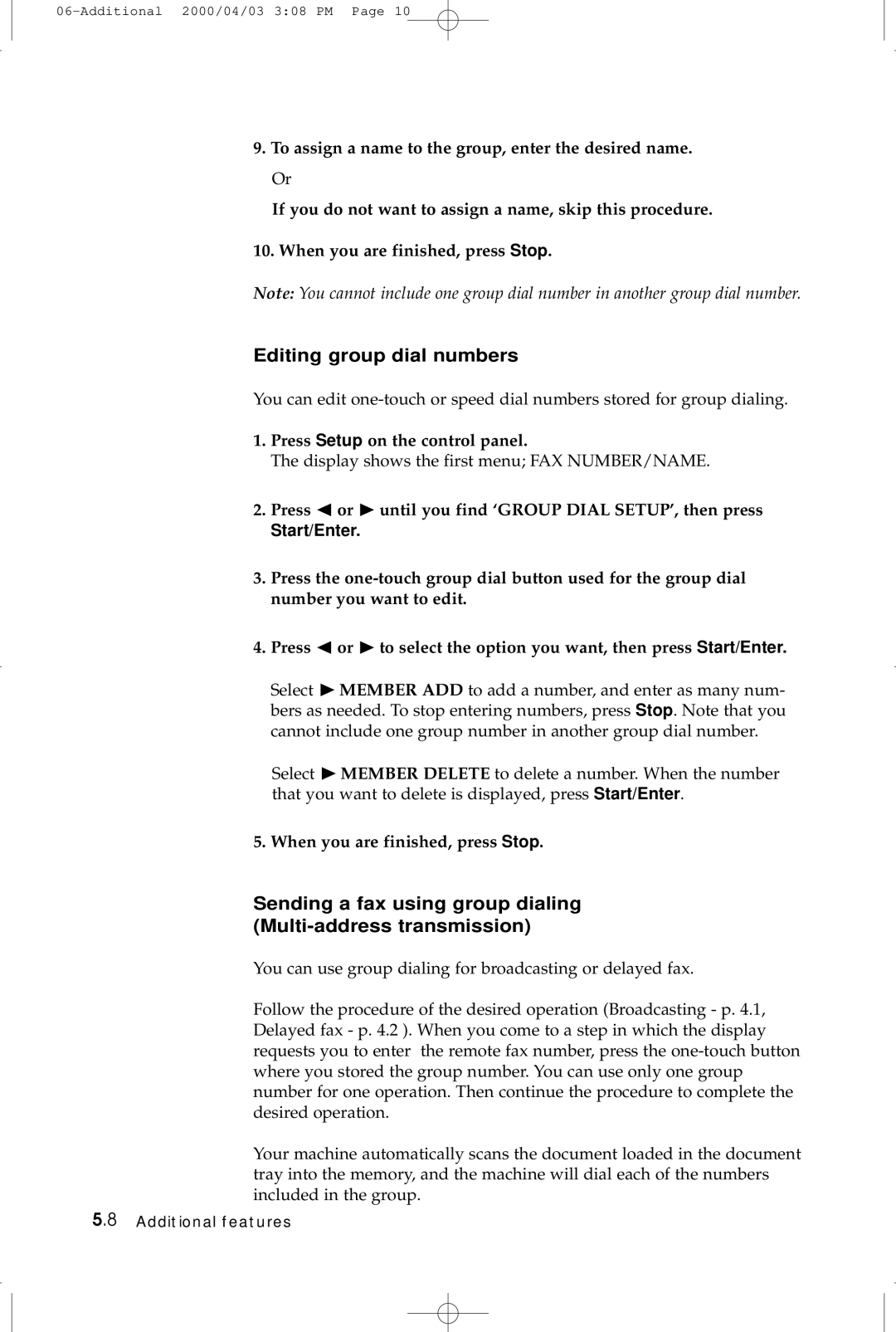 Samsung SF-5100 manual Editing group dial numbers, Sending a fax using group dialing Multi-address transmission 