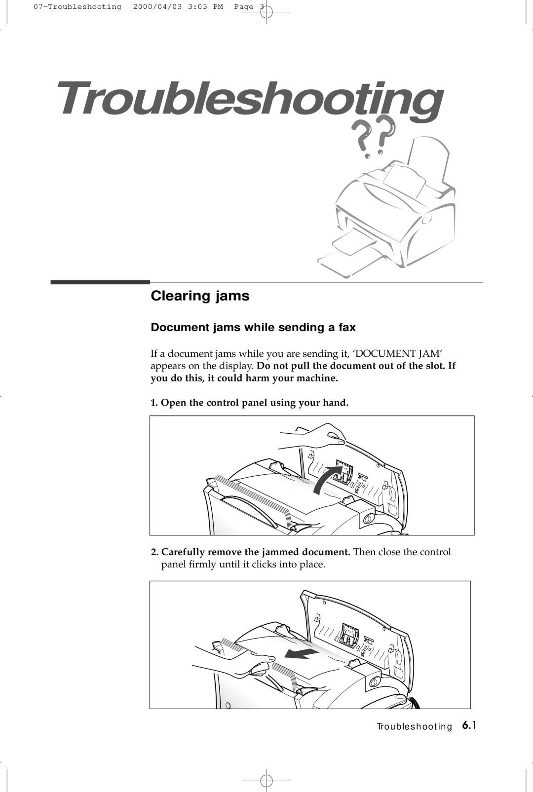 Samsung SF-5100 manual Clearing jams, Document jams while sending a fax 