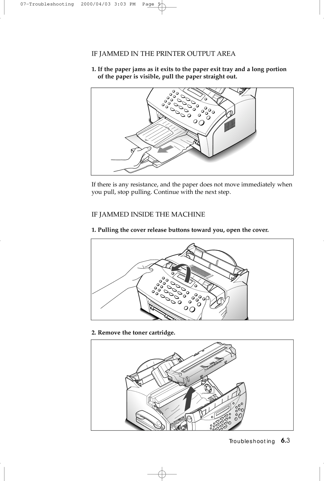 Samsung SF-5100 manual If Jammed in the Printer Output Area 