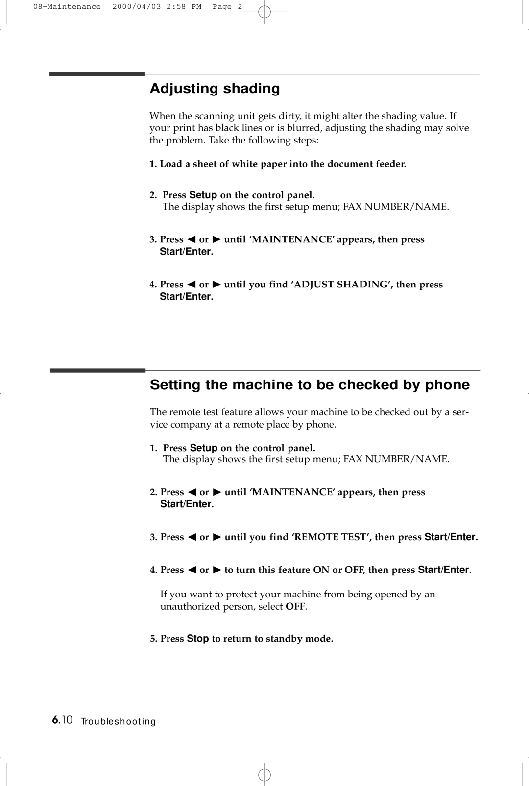 Samsung SF-5100 manual Adjusting shading, Setting the machine to be checked by phone 