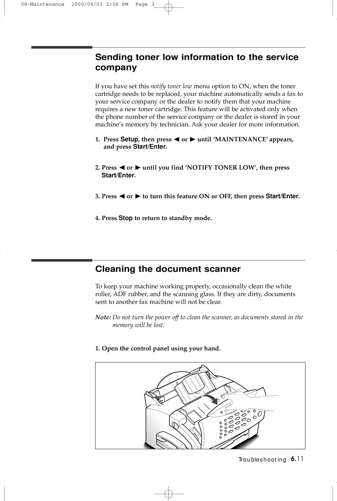 Samsung SF-5100 manual Sending toner low information to the service company, Cleaning the document scanner 