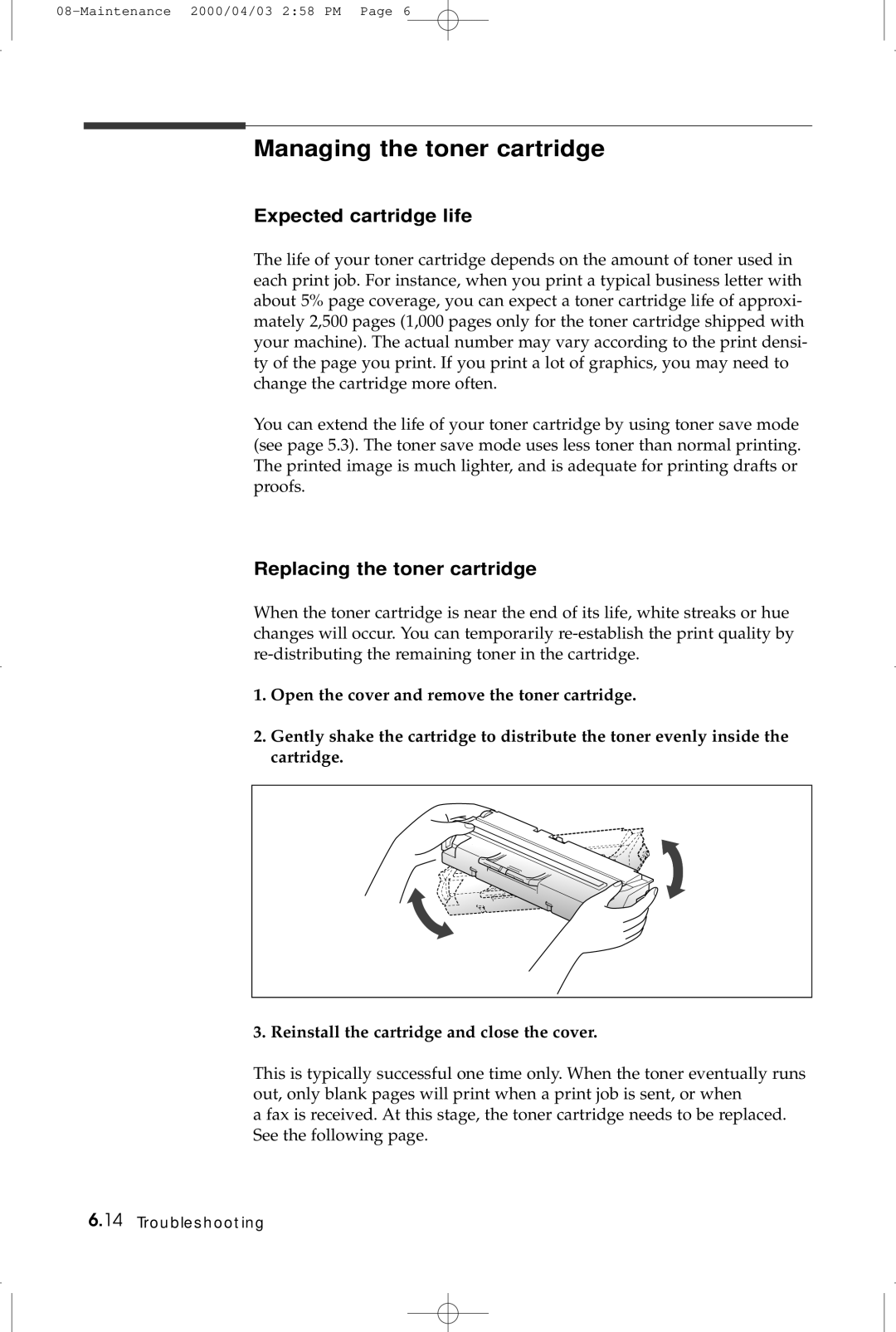 Samsung SF-5100 manual Managing the toner cartridge, Expected cartridge life, Replacing the toner cartridge 