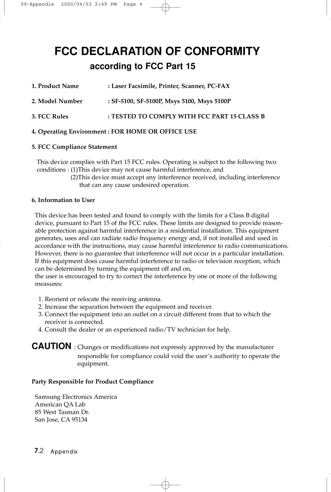 Samsung SF-5100 manual Information to User, Party Responsible for Product Compliance 