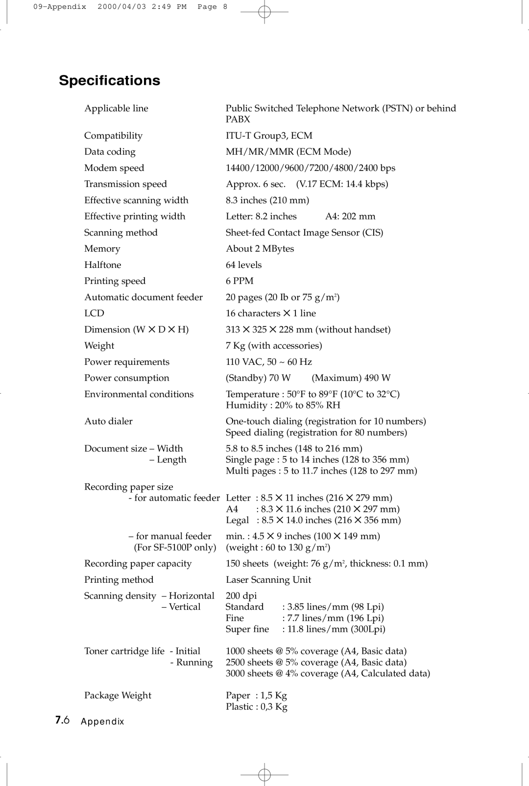 Samsung SF-5100 manual Specifications, Pabx 