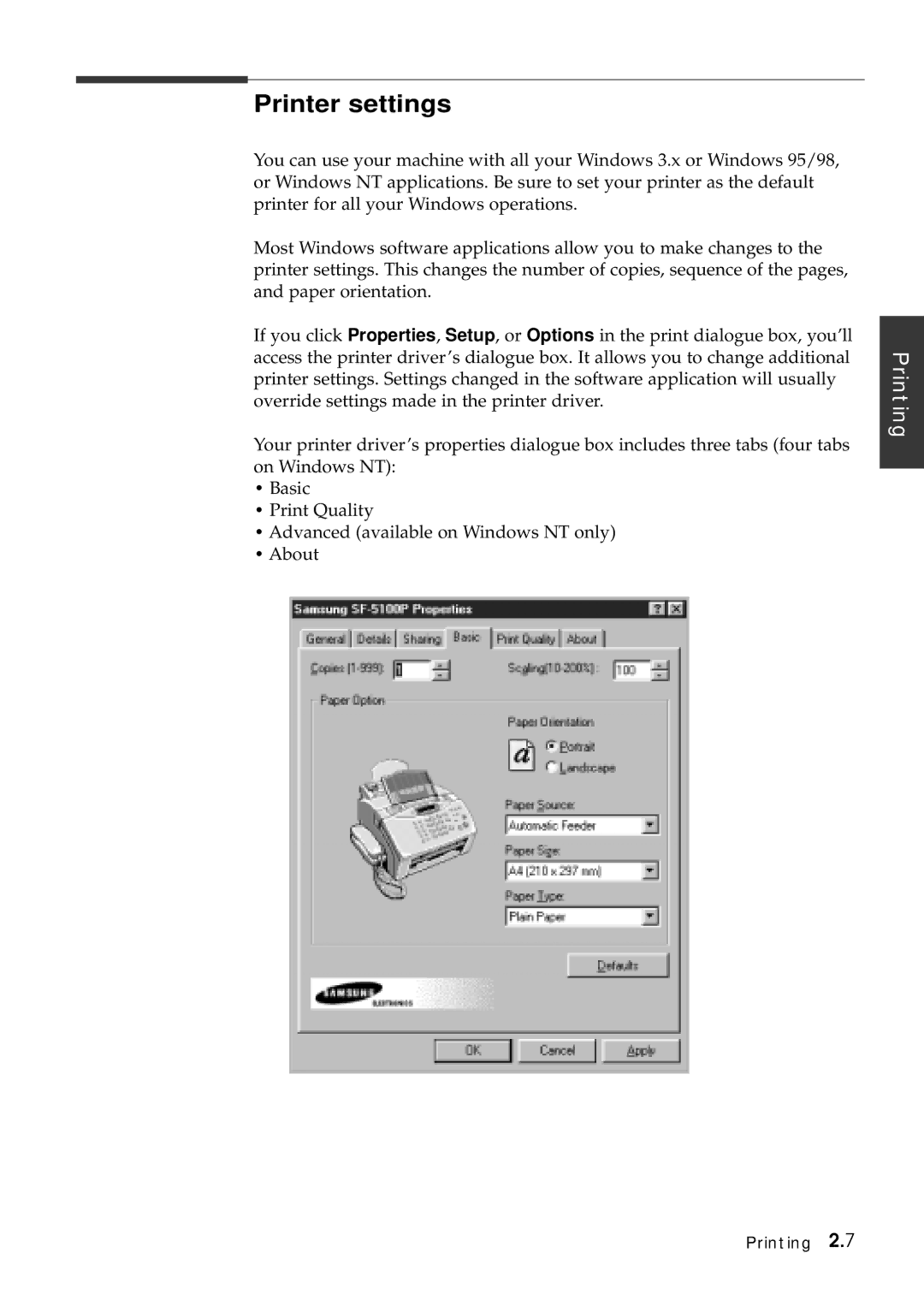 Samsung SF-5100P manual Printer settings 