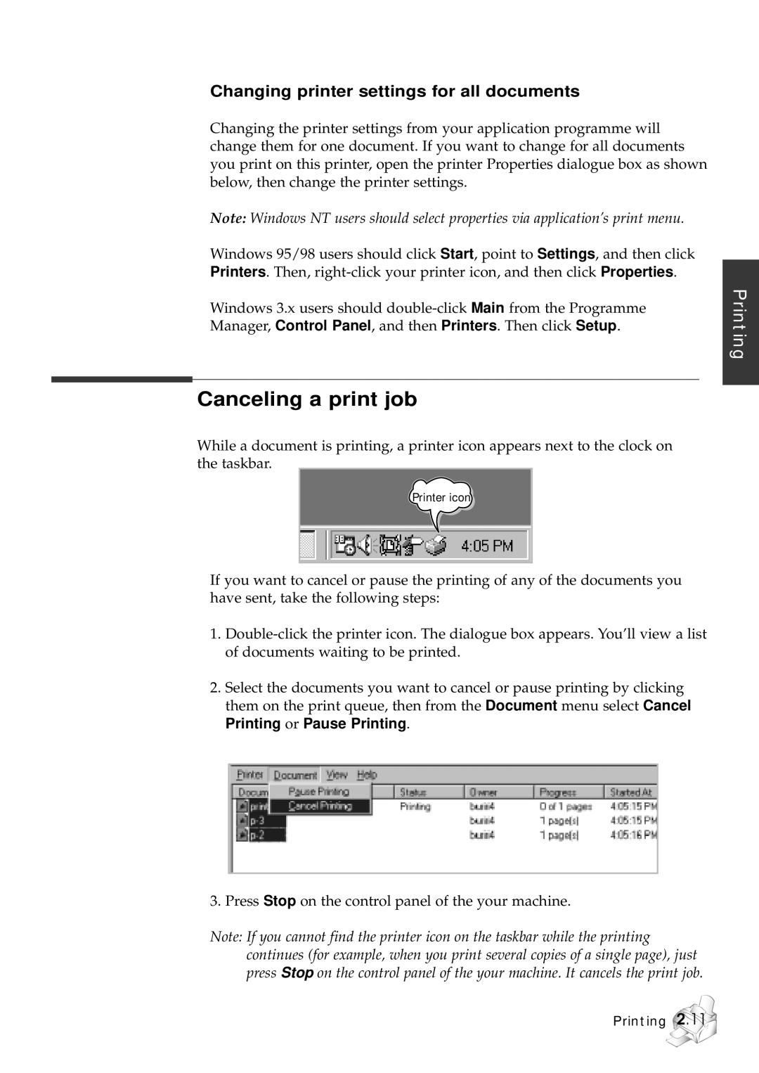 Samsung SF-5100P manual Canceling a print job, Changing printer settings for all documents 