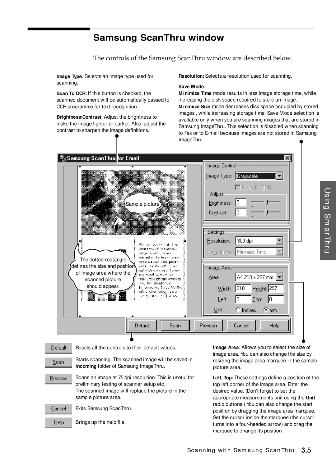 Samsung SF-5100P manual Controls of the Samsung ScanThru window are described below 