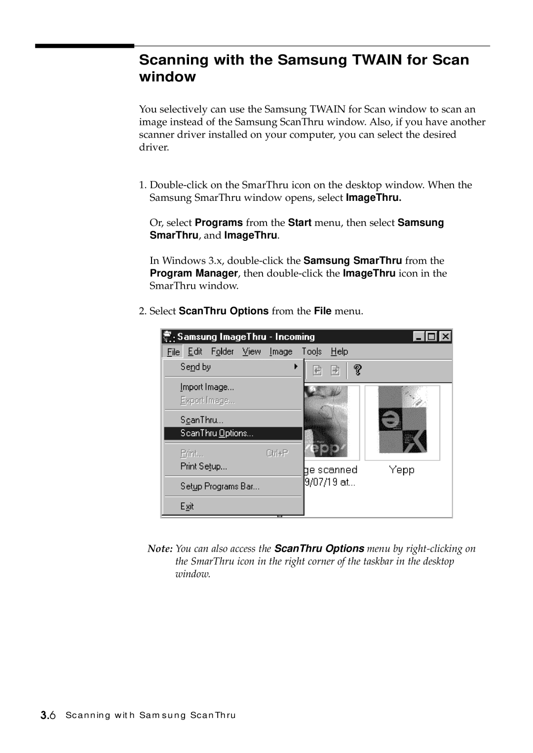 Samsung SF-5100P manual Scanning with the Samsung Twain for Scan window, Select ScanThru Options from the File menu 