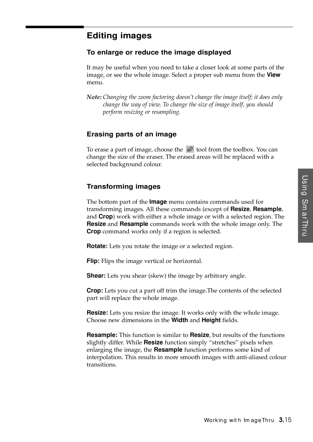 Samsung SF-5100P Editing images, To enlarge or reduce the image displayed, Erasing parts of an image, Transforming images 