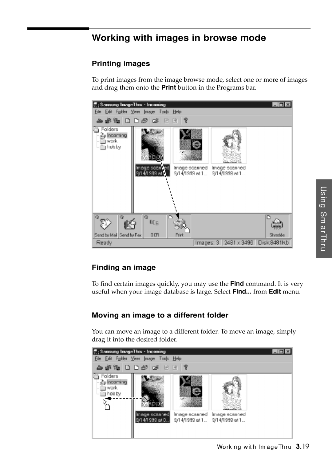 Samsung SF-5100P manual Working with images in browse mode, Printing images, Finding an image 