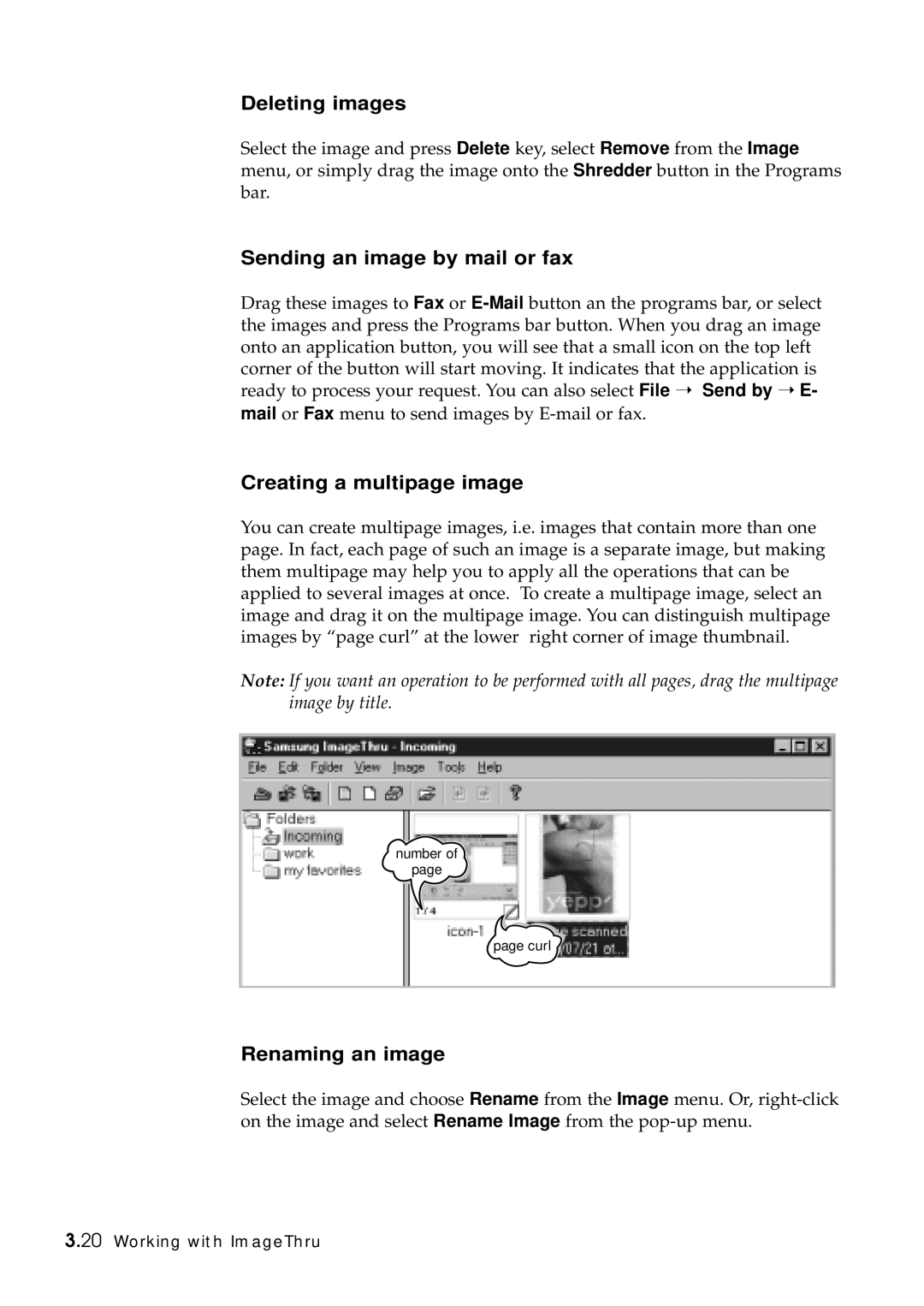 Samsung SF-5100P manual Deleting images, Sending an image by mail or fax, Creating a multipage image, Renaming an image 