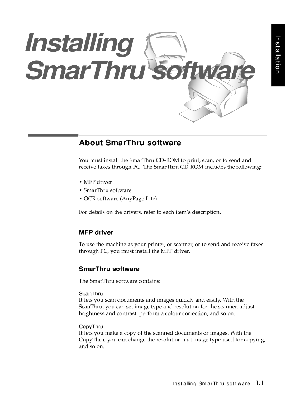 Samsung SF-5100P manual Installing SmarThru software, About SmarThru software, MFP driver 