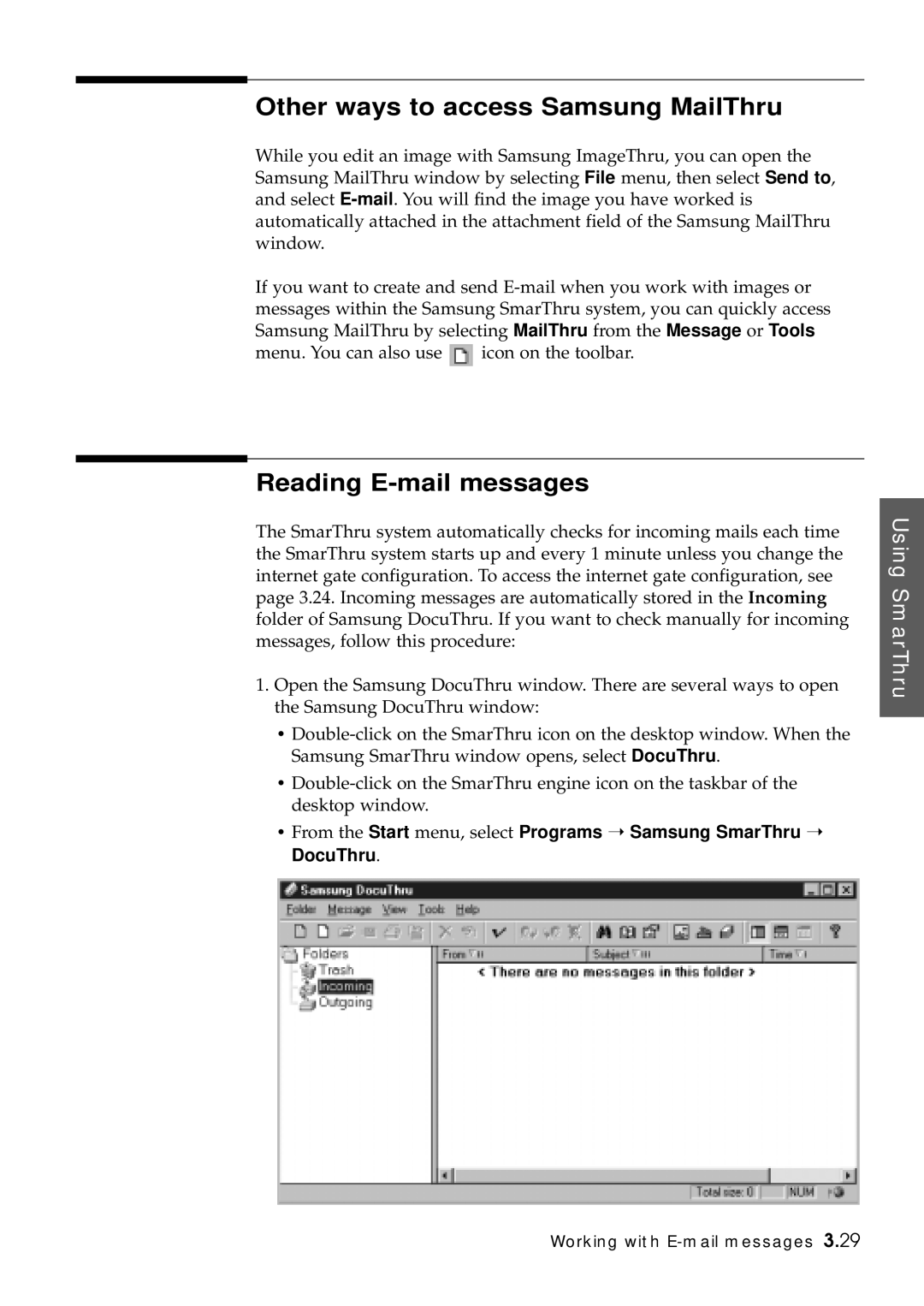 Samsung SF-5100P manual Other ways to access Samsung MailThru, Reading E-mail messages 