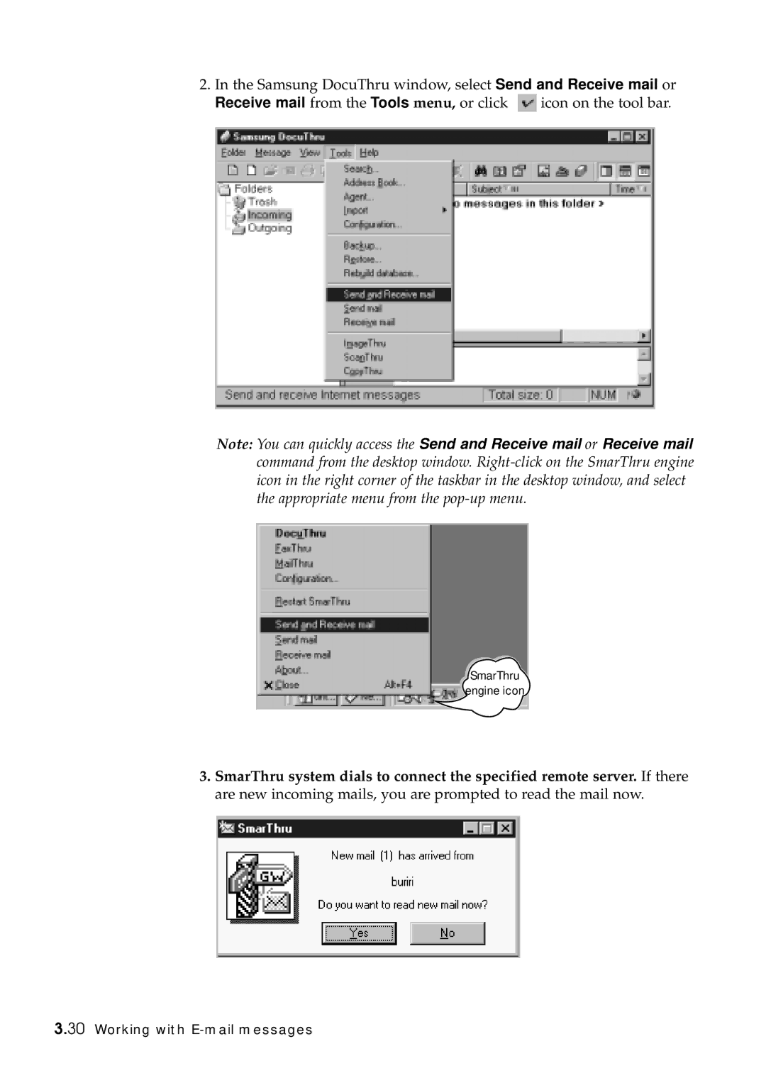 Samsung SF-5100P manual Receive mail from the Tools menu, or click 