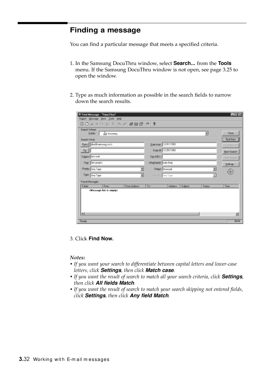 Samsung SF-5100P manual Finding a message, Click Find Now 