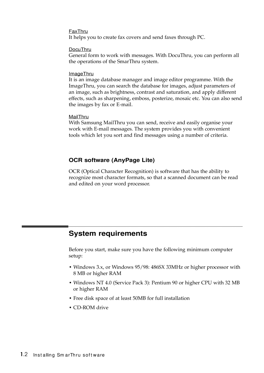 Samsung SF-5100P manual System requirements, OCR software AnyPage Lite 