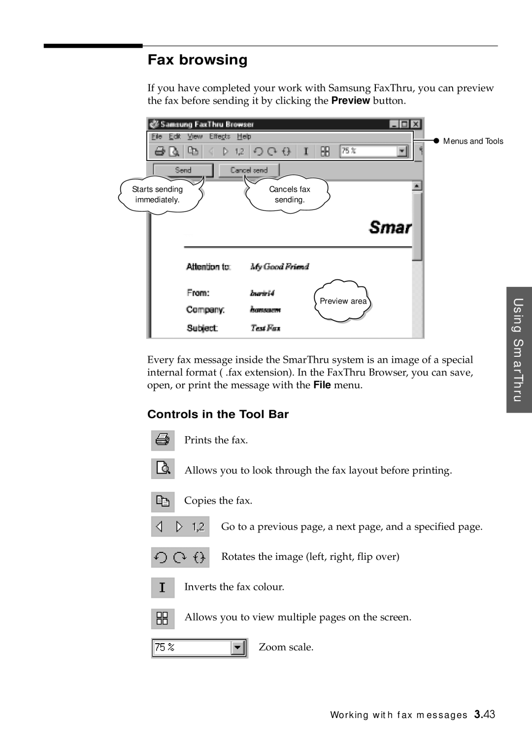 Samsung SF-5100P manual Fax browsing, Controls in the Tool Bar 