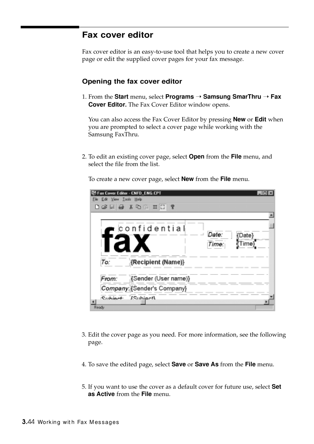 Samsung SF-5100P manual Fax cover editor, Opening the fax cover editor 