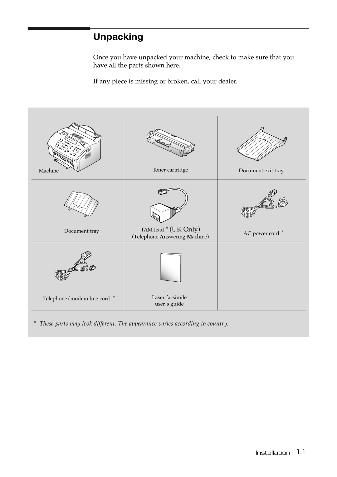 Samsung SF-515 manual Unpacking, TAM lead * UK Only 