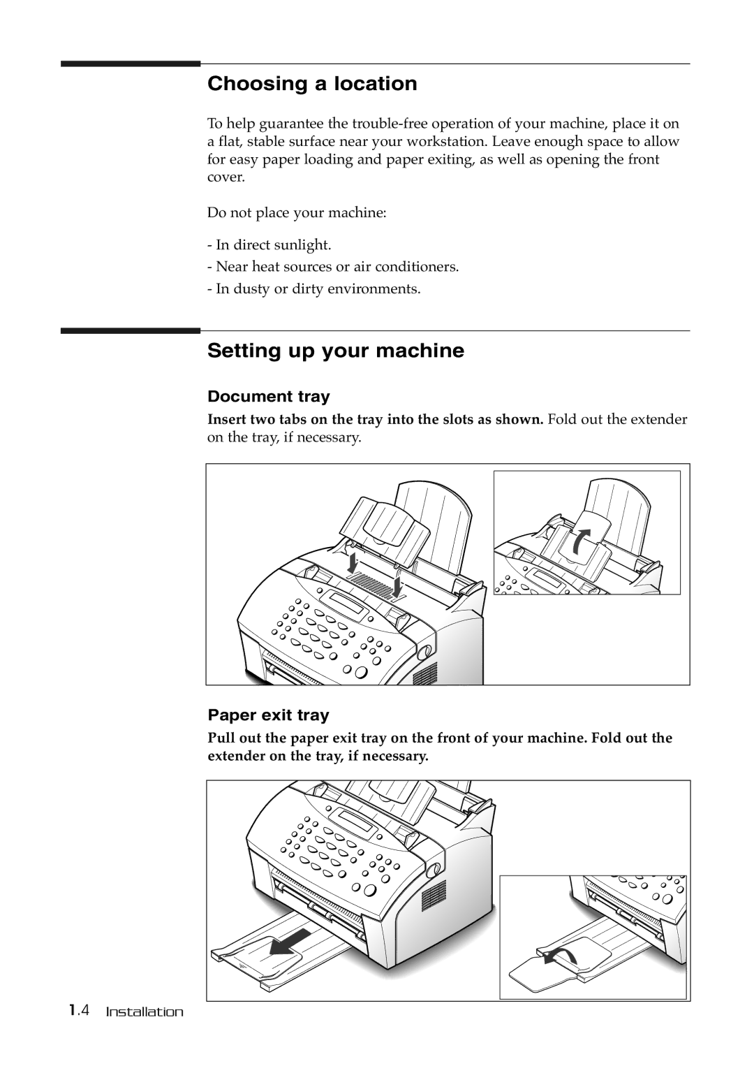 Samsung SF-515 manual Choosing a location, Setting up your machine, Document tray, Paper exit tray 