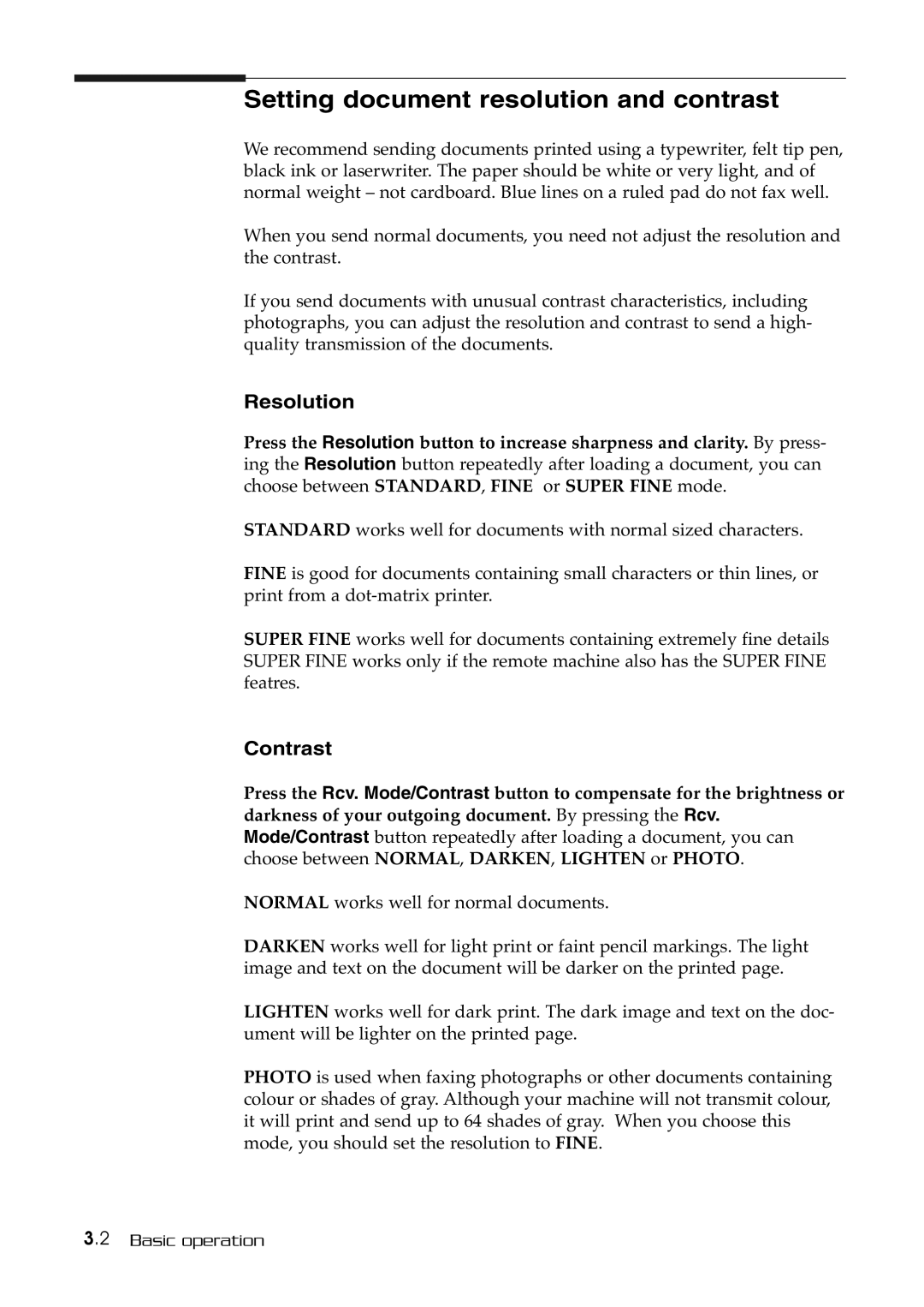 Samsung SF-515 manual Setting document resolution and contrast, Resolution, Contrast 