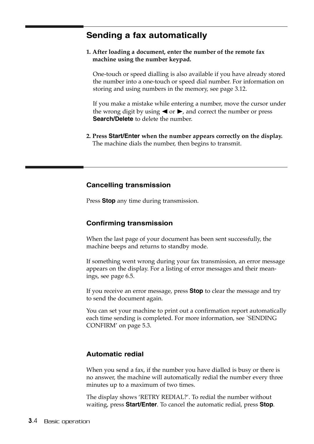 Samsung SF-515 manual Sending a fax automatically, Cancelling transmission, Confirming transmission, Automatic redial 