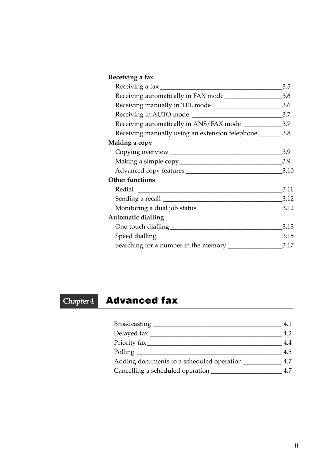 Samsung SF-515 manual Receiving a fax, Making a copy, Other functions, Automatic dialling 