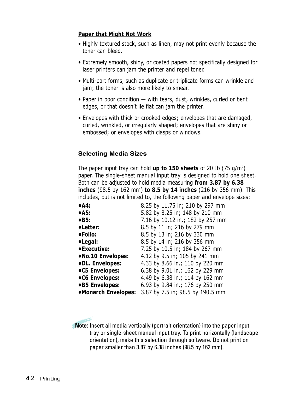 Samsung SF-530 Series manual Paper that Might Not Work, Letter, Folio, Legal, Executive, DL. Envelopes, C5 Envelopes 