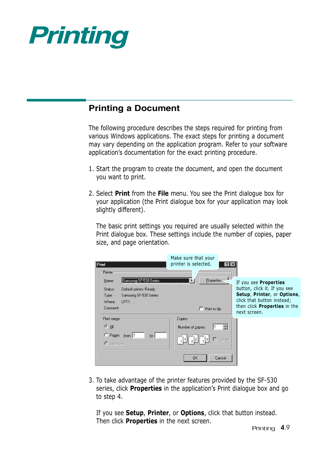 Samsung SF-530 Series manual Printing a Document 