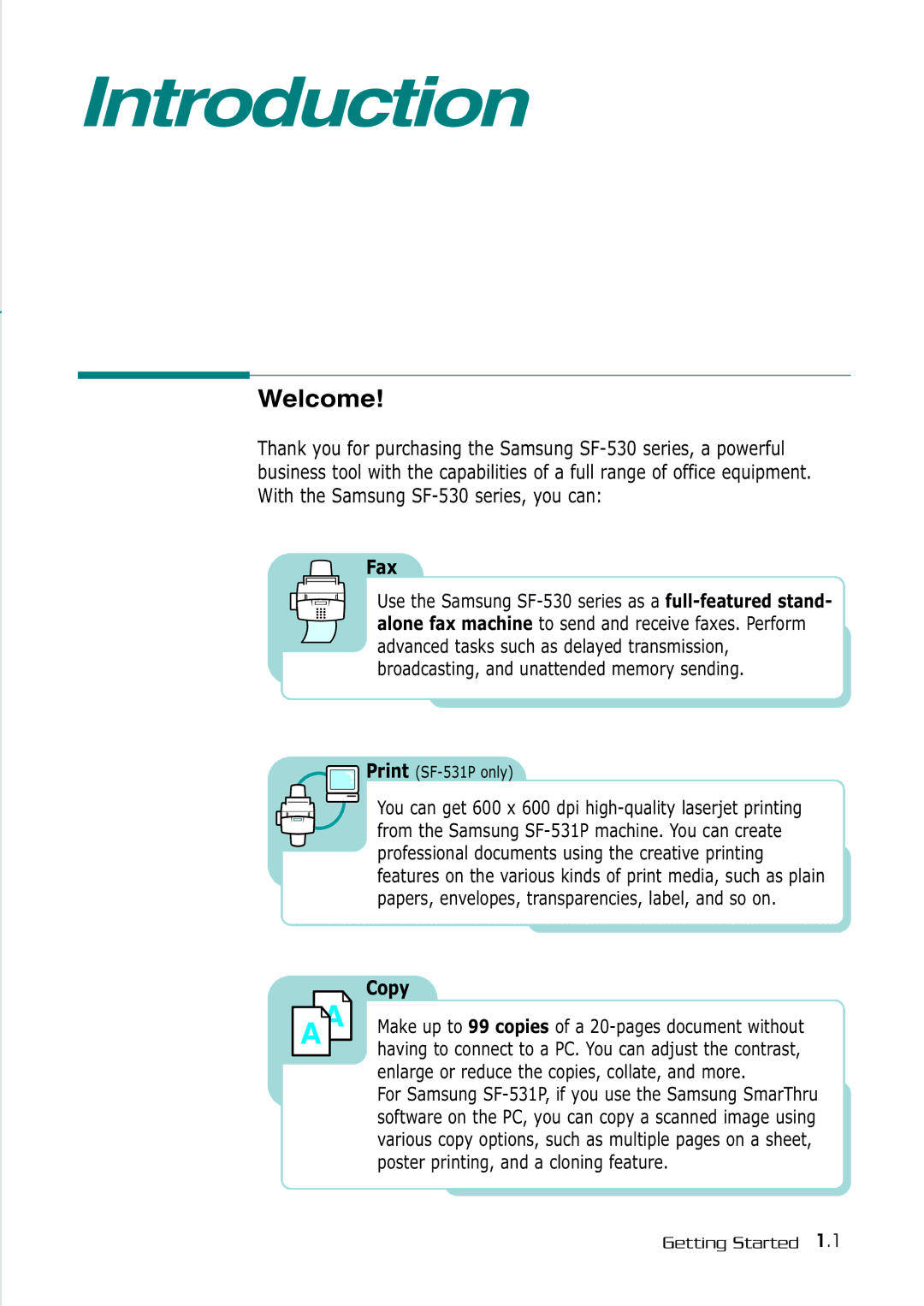 Samsung SF-530 Series manual Introduction, Welcome, Fax, Copy 