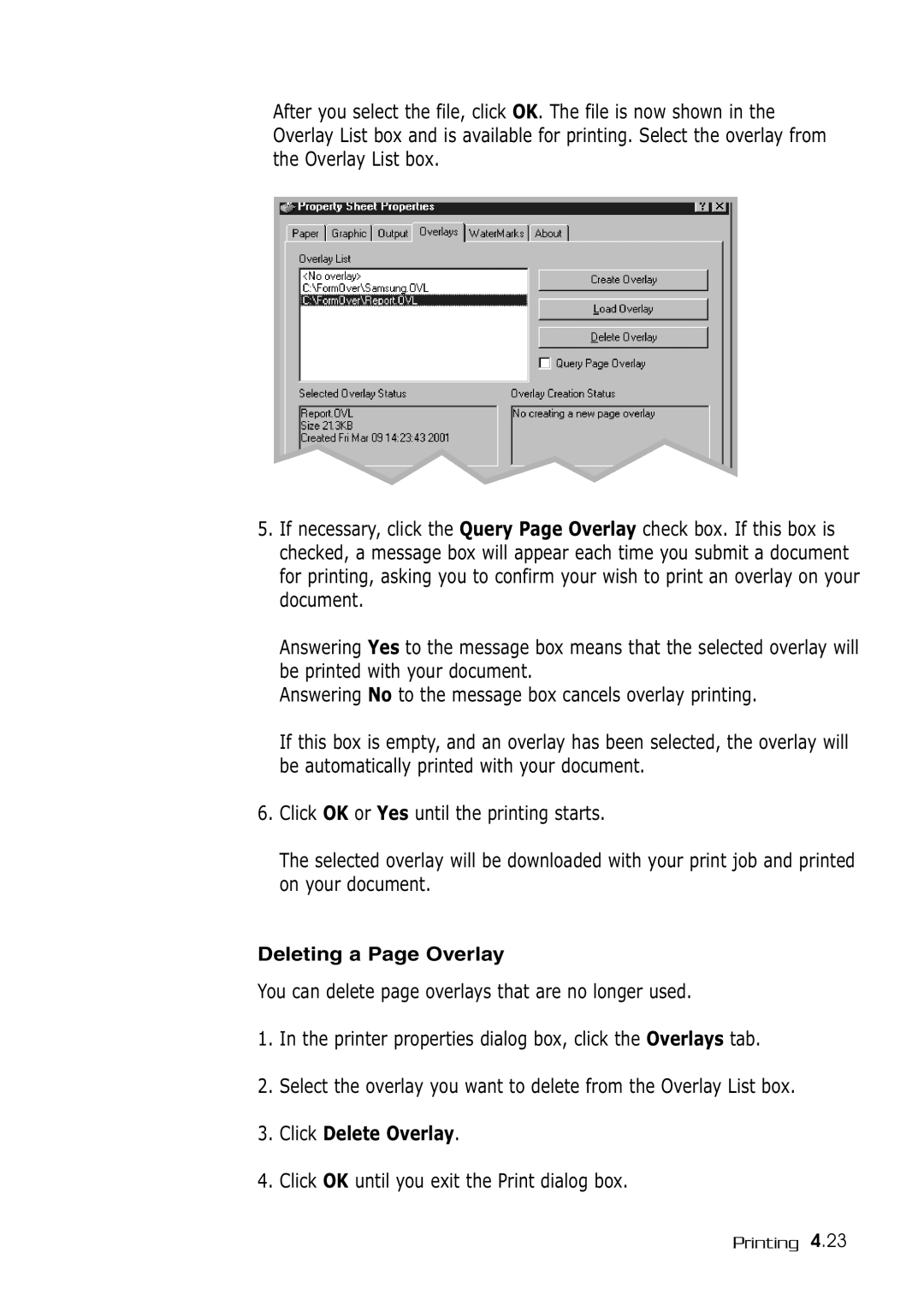 Samsung SF-530 Series manual Click Delete Overlay, Click OK until you exit the Print dialog box, Deleting a Page Overlay 