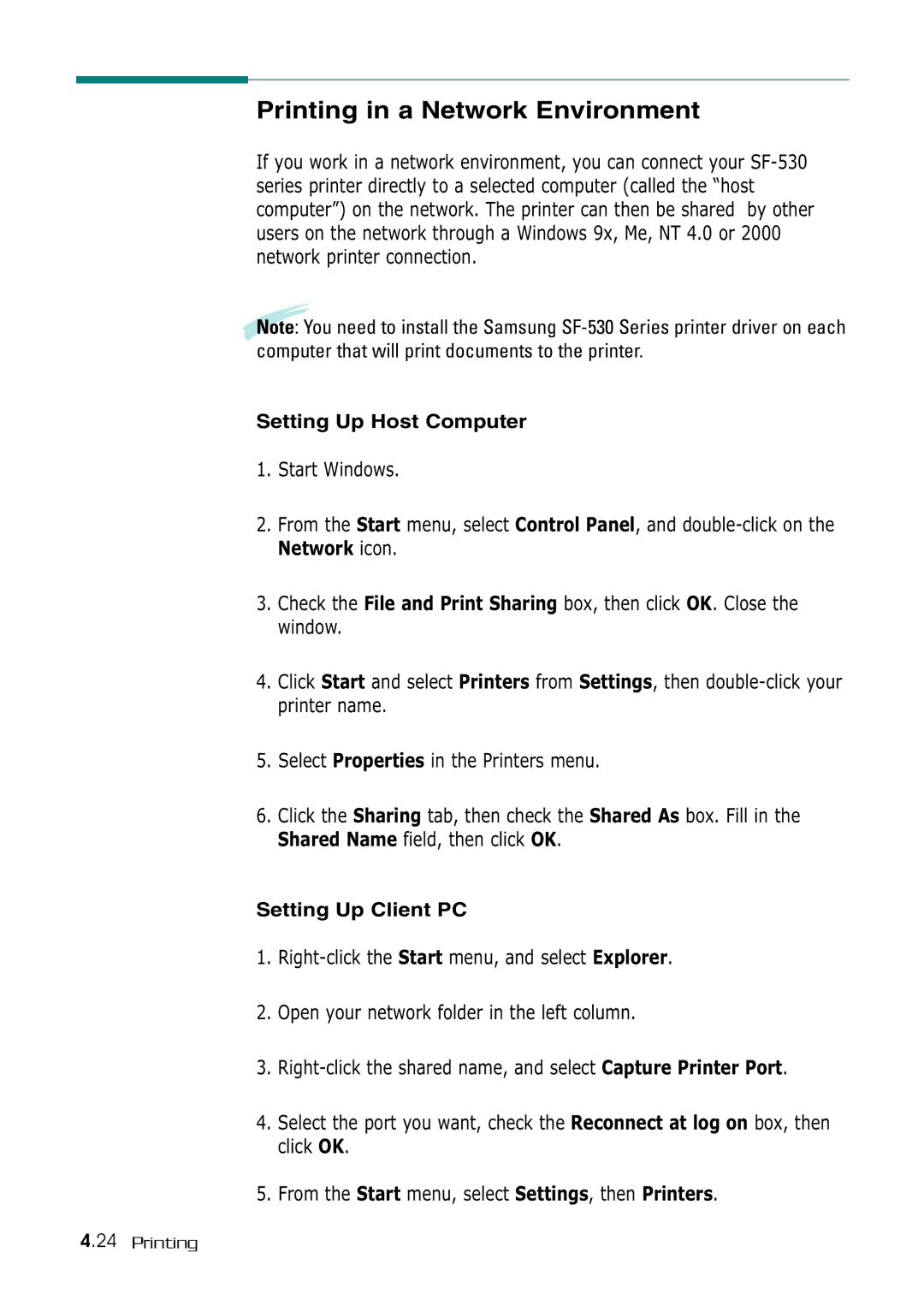 Samsung SF-530 Series manual Printing in a Network Environment, Setting Up Host Computer, Setting Up Client PC 