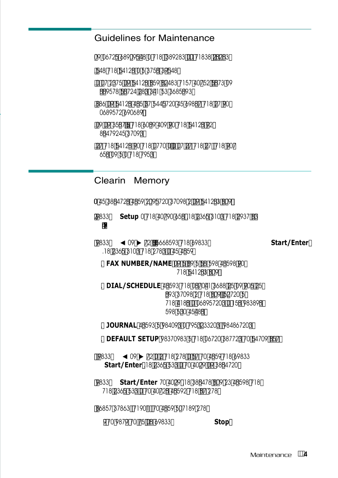 Samsung SF-530 Series manual Guidelines for Maintenance, Clearing Memory, Place the machine on a stable surface 